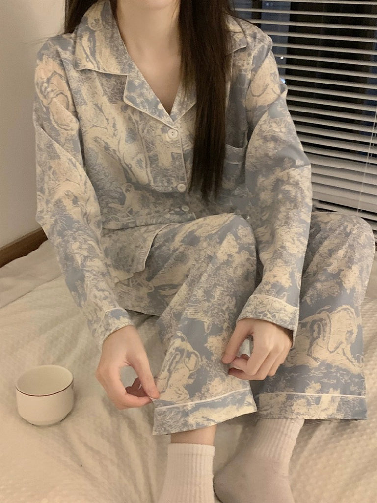 Blue Painting Ice Silk Pajamas