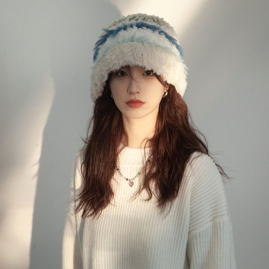White & Blue Plush Knit Hat