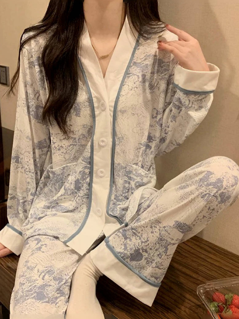 Blue Cotton Cardigan Pajamas