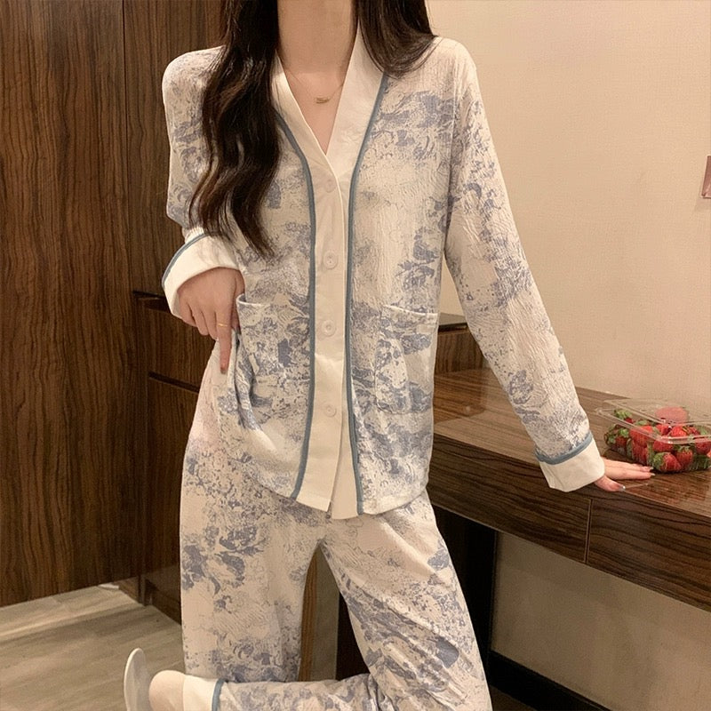 Blue Cotton Cardigan Pajamas