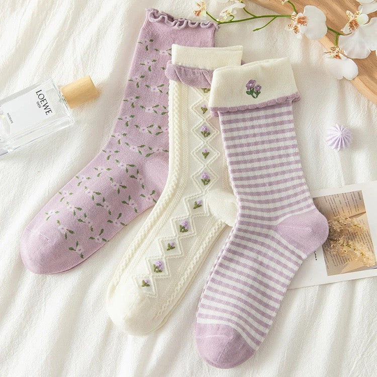 Violet Flower Socks (3 pcs)